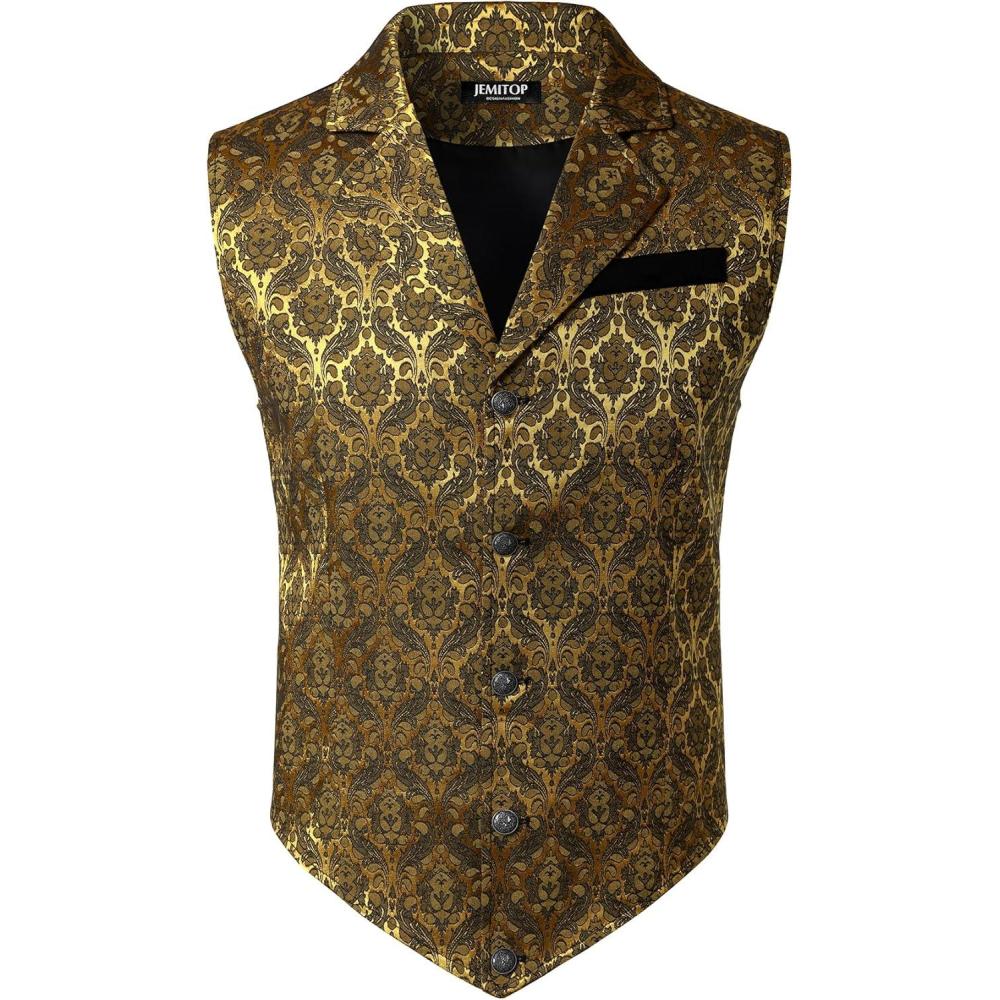 imageJEMITOP Mens Vintage Gothic Steampunk Victorian Suit Vest Jacquard Slim Fit Sleeveless WaistcoatGold