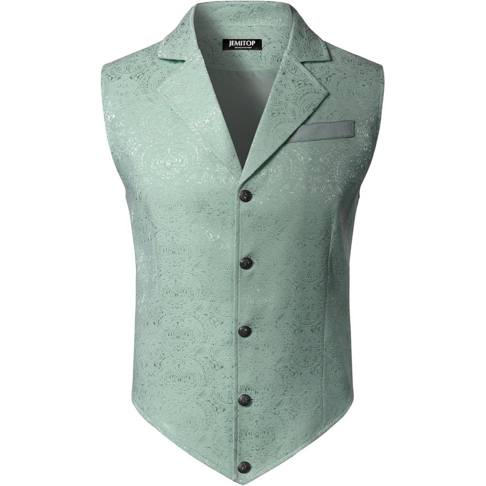 imageJEMITOP Mens Vintage Gothic Steampunk Victorian Suit Vest Jacquard Slim Fit Sleeveless WaistcoatMint Green