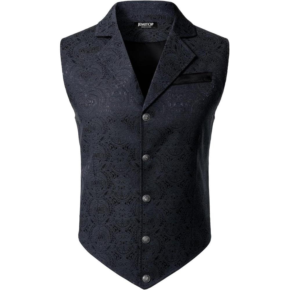 imageJEMITOP Mens Vintage Gothic Steampunk Victorian Suit Vest Jacquard Slim Fit Sleeveless WaistcoatNavy Blue