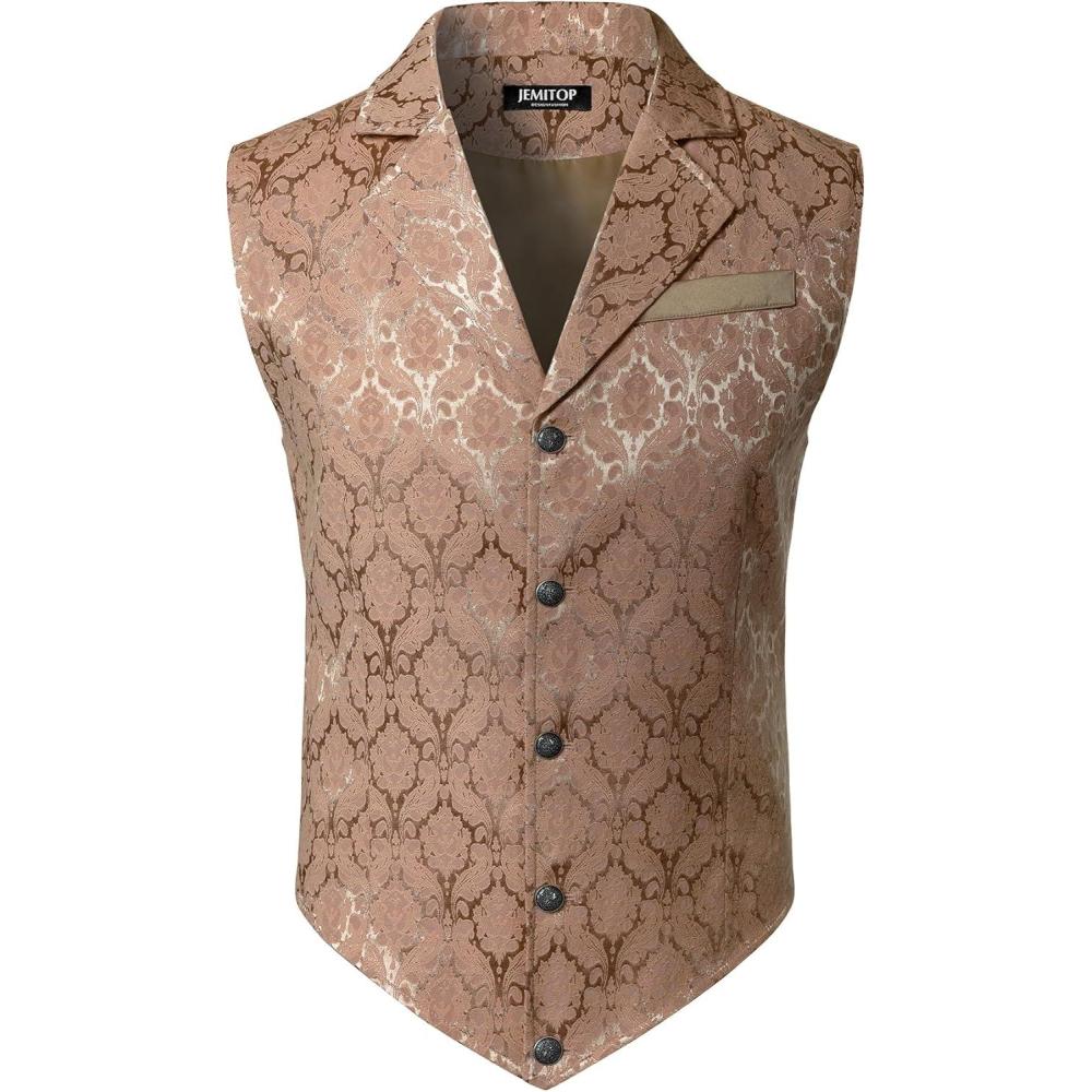 imageJEMITOP Mens Vintage Gothic Steampunk Victorian Suit Vest Jacquard Slim Fit Sleeveless WaistcoatRose Gold