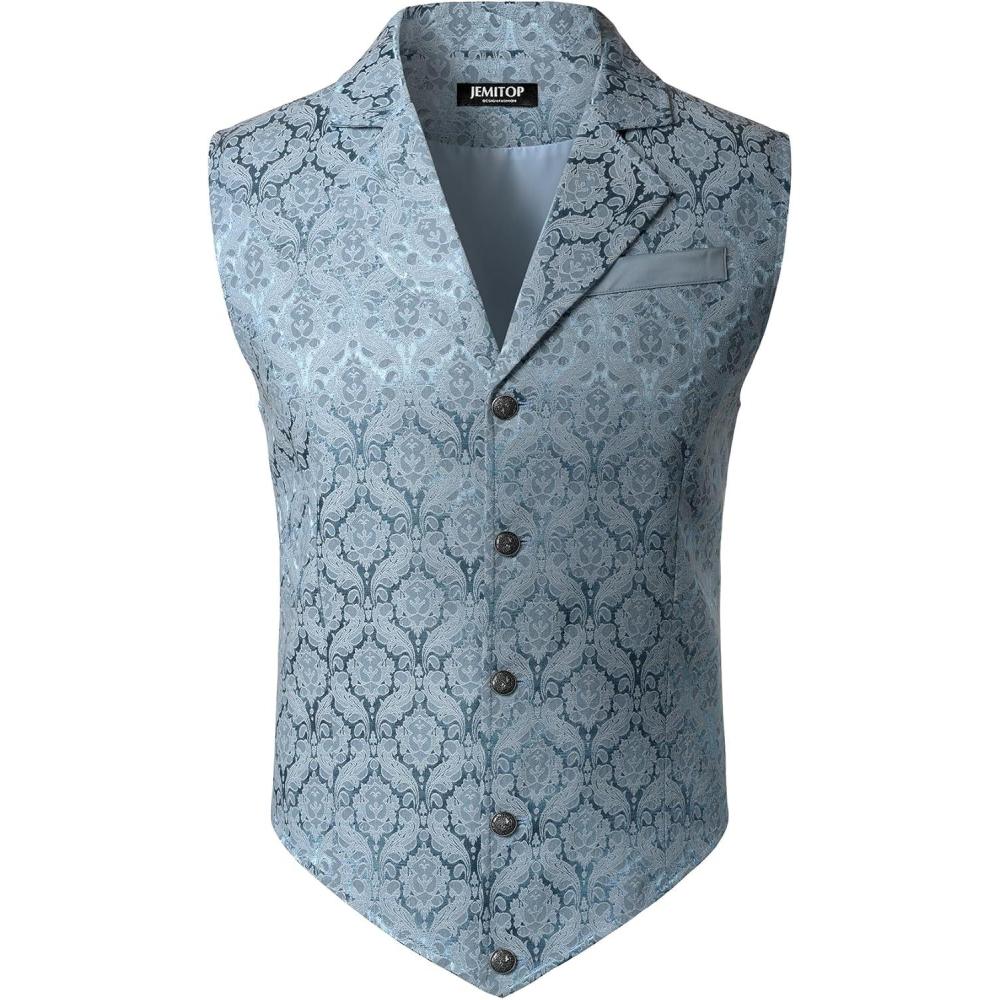 imageJEMITOP Mens Vintage Gothic Steampunk Victorian Suit Vest Jacquard Slim Fit Sleeveless WaistcoatSky Blue