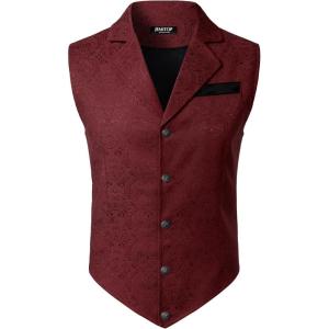 JEMITOP Men’s Vintage Gothic Steampunk Victorian Suit Vest Jacquard Slim Fit Sleeveless Waistcoat(Burgundy)