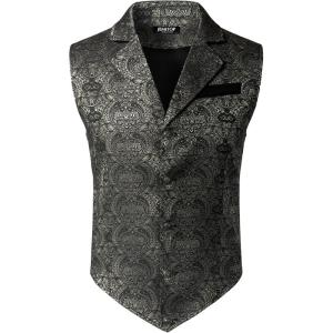 JEMITOP Men’s Vintage Gothic Steampunk Victorian Suit Vest Jacquard Slim Fit Sleeveless Waistcoat(Dark Silver Black Jacquard)