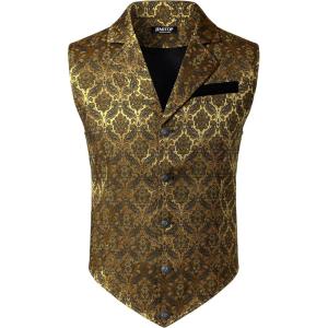 JEMITOP Men’s Vintage Gothic Steampunk Victorian Suit Vest Jacquard Slim Fit Sleeveless Waistcoat(Gold)