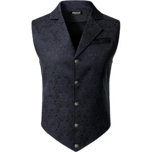 JEMITOP Men’s Vintage Gothic Steampunk Victorian Suit Vest Jacquard Slim Fit Sleeveless Waistcoat(Navy Blue)