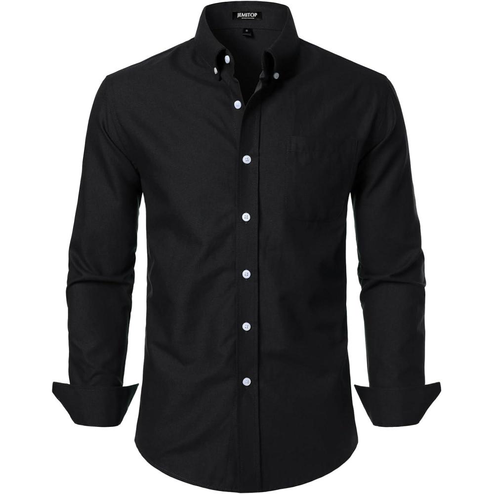 imageJEMITOP Mens Classic Lightweight Oxford Button Down Collar Shirts Business Casual Long Sleeve Dress Shirt with PocketBlack
