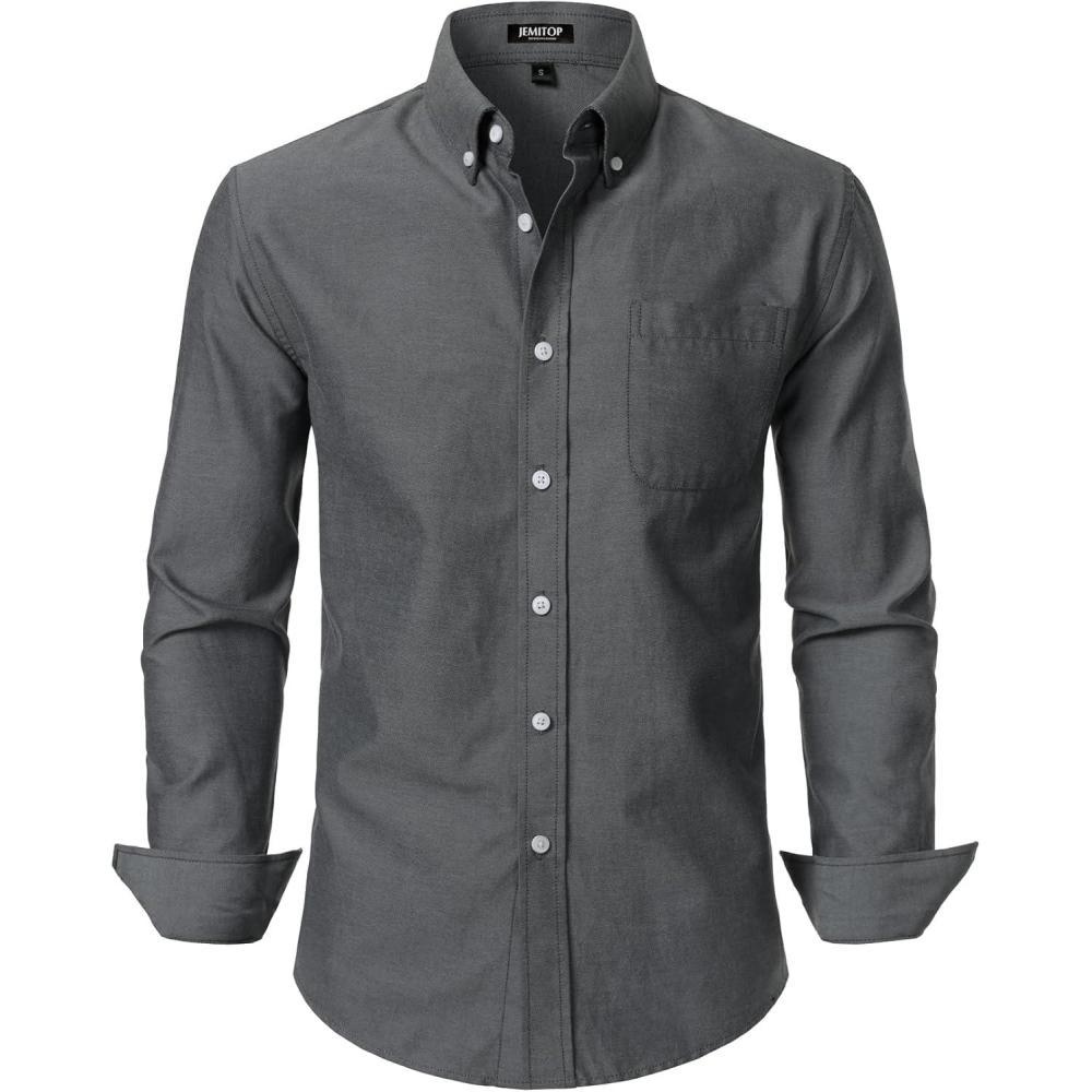 imageJEMITOP Mens Classic Lightweight Oxford Button Down Collar Shirts Business Casual Long Sleeve Dress Shirt with PocketDark Grey