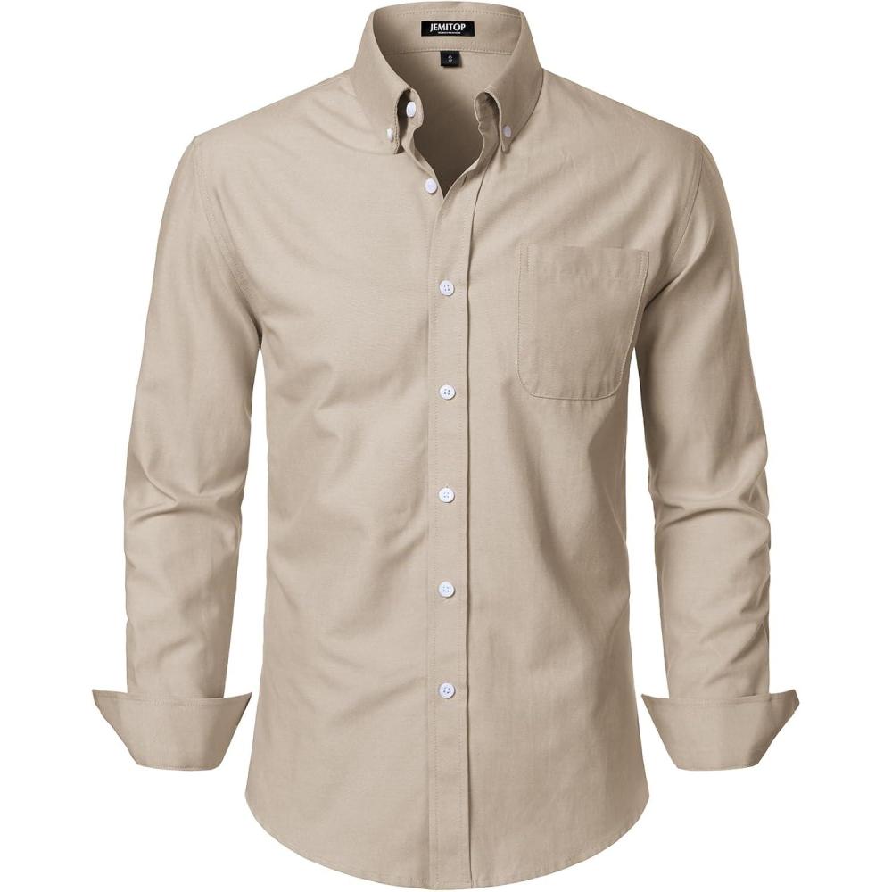 imageJEMITOP Mens Classic Lightweight Oxford Button Down Collar Shirts Business Casual Long Sleeve Dress Shirt with PocketKhaki