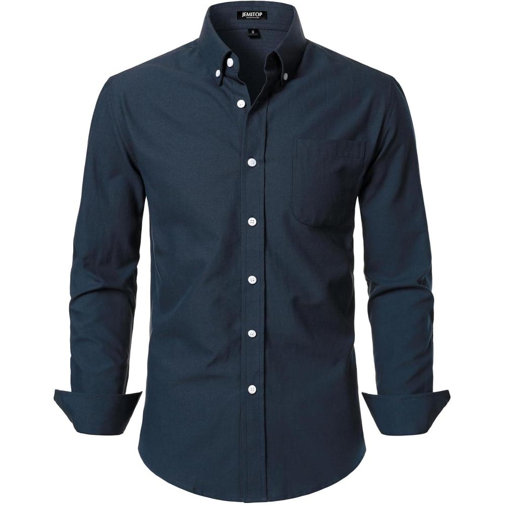 imageJEMITOP Mens Classic Lightweight Oxford Button Down Collar Shirts Business Casual Long Sleeve Dress Shirt with PocketNavy Blue