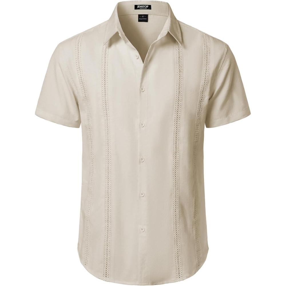 imageJEMITOP Mens Cuban Guayabera Shirt Casual Button Down Short Sleeve Shirts for Summer Cruise Beach VacationBeige