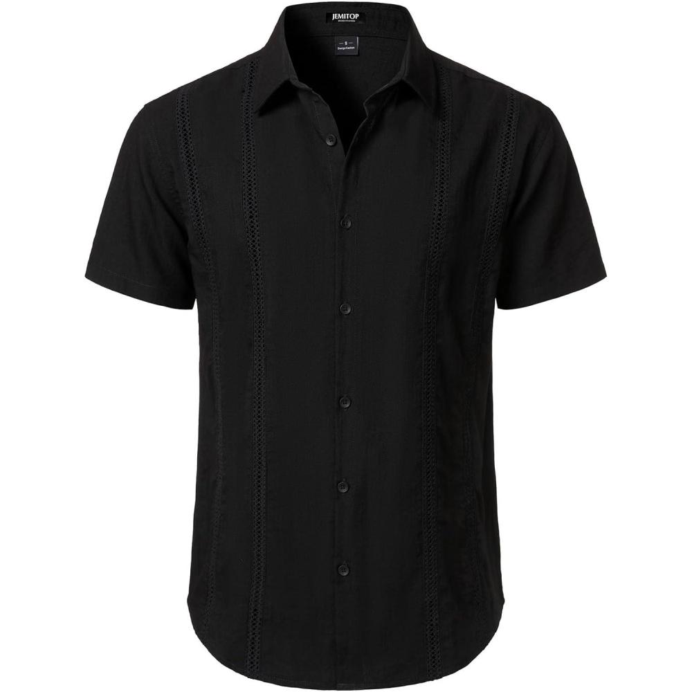 imageJEMITOP Mens Cuban Guayabera Shirt Casual Button Down Short Sleeve Shirts for Summer Cruise Beach VacationBlack