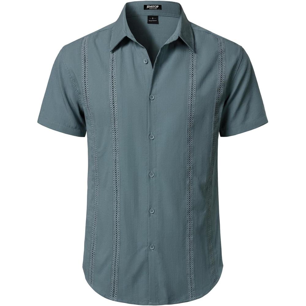 imageJEMITOP Mens Cuban Guayabera Shirt Casual Button Down Short Sleeve Shirts for Summer Cruise Beach VacationDenim Blue