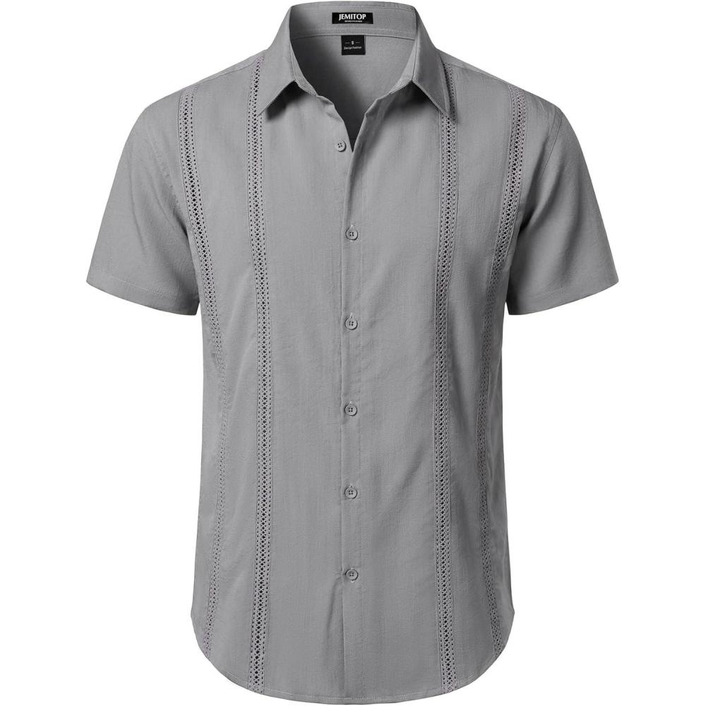 imageJEMITOP Mens Cuban Guayabera Shirt Casual Button Down Short Sleeve Shirts for Summer Cruise Beach VacationGrey