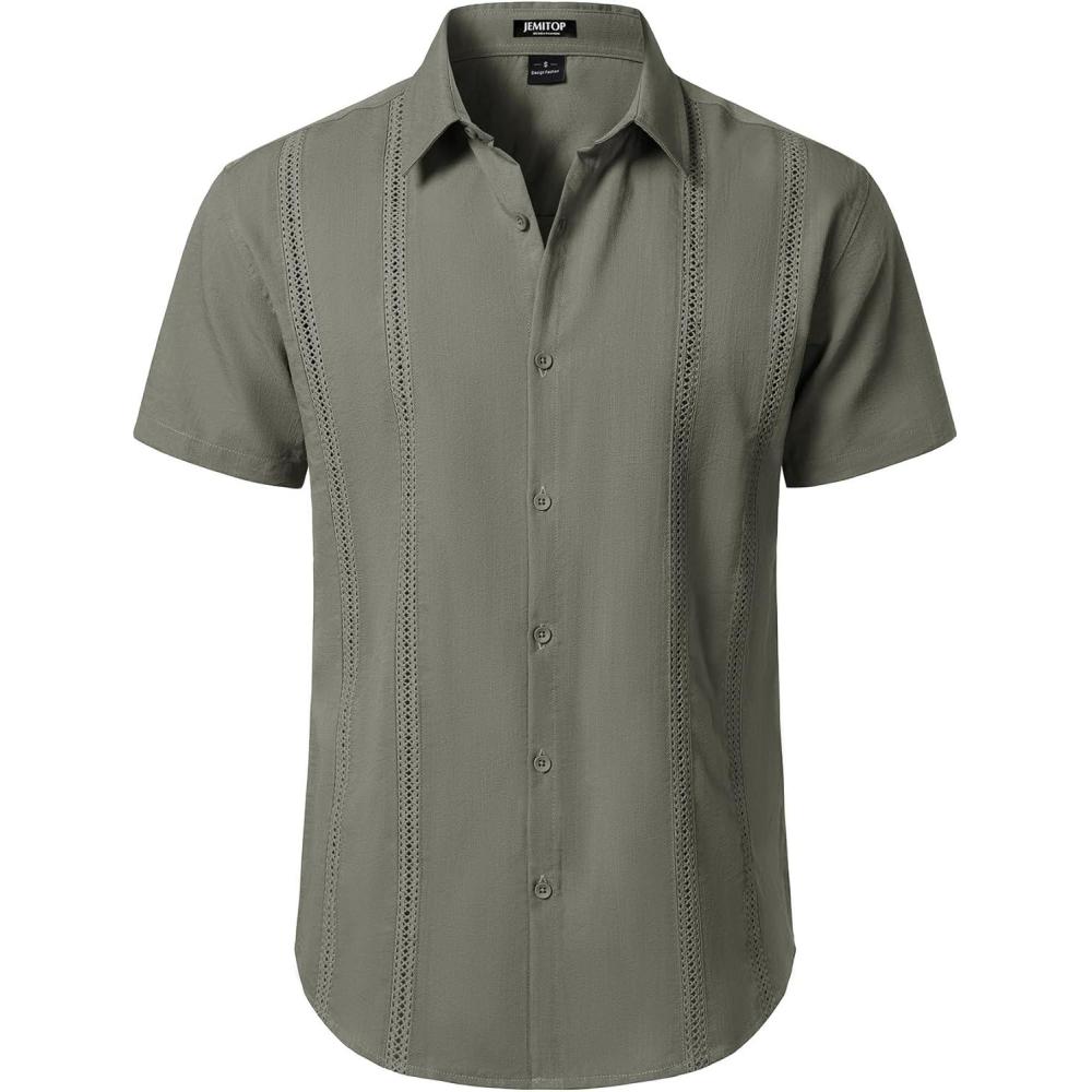 imageJEMITOP Mens Cuban Guayabera Shirt Casual Button Down Short Sleeve Shirts for Summer Cruise Beach VacationOlive Green