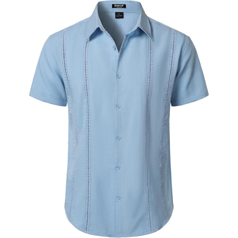 imageJEMITOP Mens Cuban Guayabera Shirt Casual Button Down Short Sleeve Shirts for Summer Cruise Beach VacationSkyblue