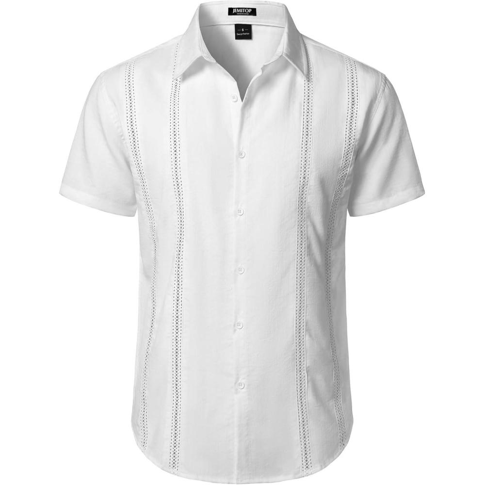 imageJEMITOP Mens Cuban Guayabera Shirt Casual Button Down Short Sleeve Shirts for Summer Cruise Beach VacationWhite