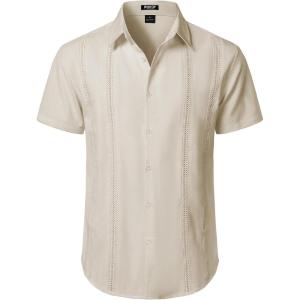 JEMITOP Mens Cuban Guayabera Shirt Casual Button Down Short Sleeve Shirts for Summer Cruise Beach Vacation(Beige)