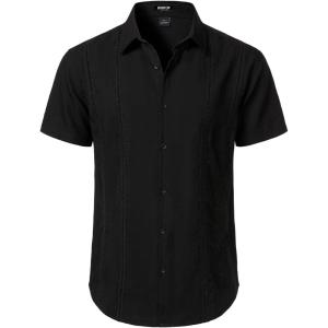 JEMITOP Mens Cuban Guayabera Shirt Casual Button Down Short Sleeve Shirts for Summer Cruise Beach Vacation(Black)