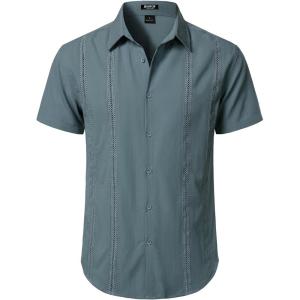 JEMITOP Mens Cuban Guayabera Shirt Casual Button Down Short Sleeve Shirts for Summer Cruise Beach Vacation(Denim Blue)