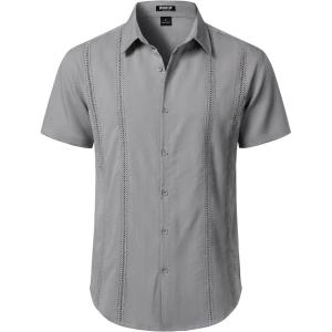 JEMITOP Mens Cuban Guayabera Shirt Casual Button Down Short Sleeve Shirts for Summer Cruise Beach Vacation(Grey)