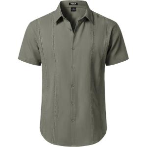 JEMITOP Mens Cuban Guayabera Shirt Casual Button Down Short Sleeve Shirts for Summer Cruise Beach Vacation(Olive Green)
