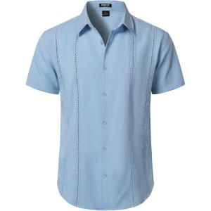 JEMITOP Mens Cuban Guayabera Shirt Casual Button Down Short Sleeve Shirts for Summer Cruise Beach Vacation(Skyblue)