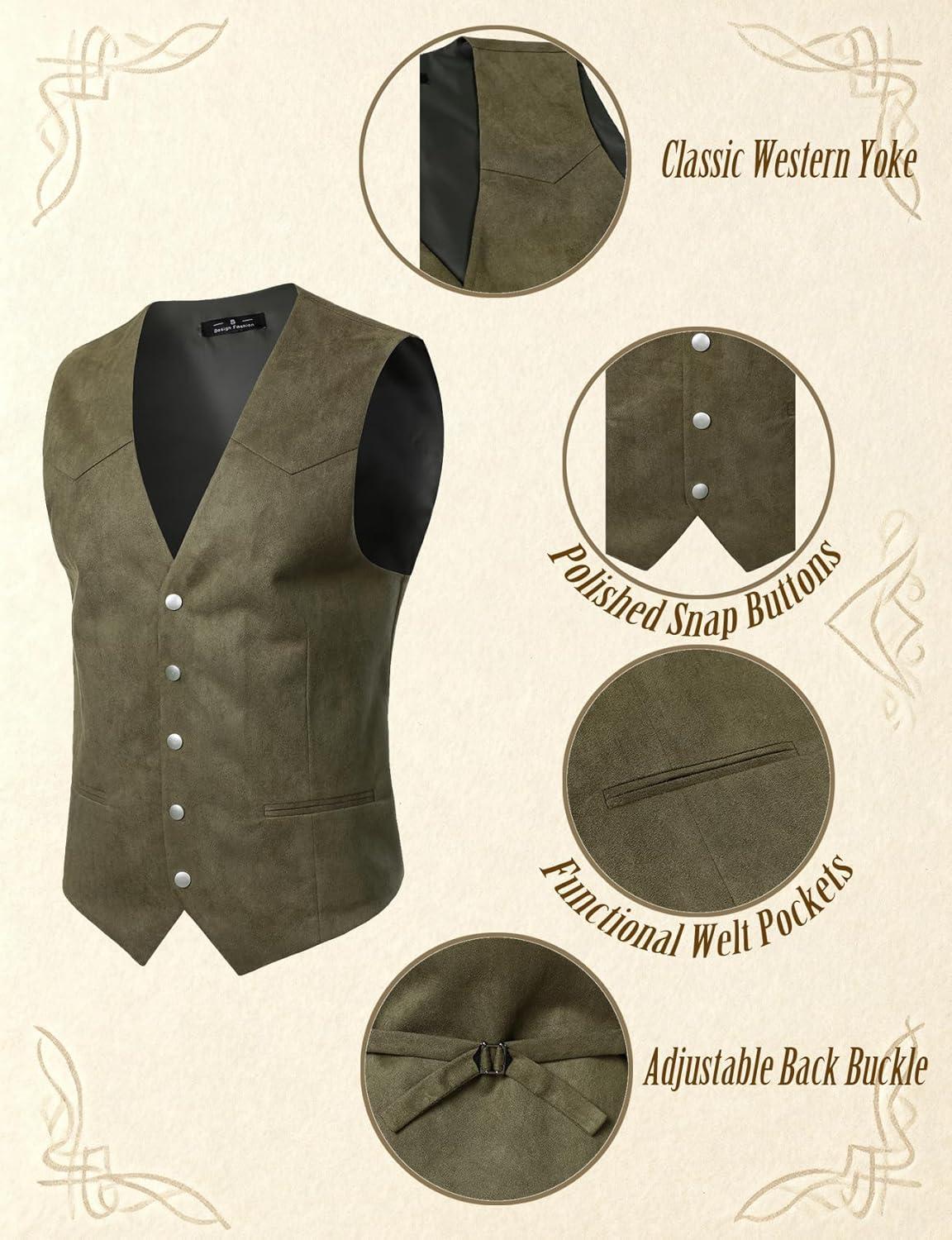 imageJEMITOP Mens Retro Western Cowboy Vest Faux Suede Leather Snap Waistcoat Slim Fit Casual Wedding Vests with PocketsArmy Green