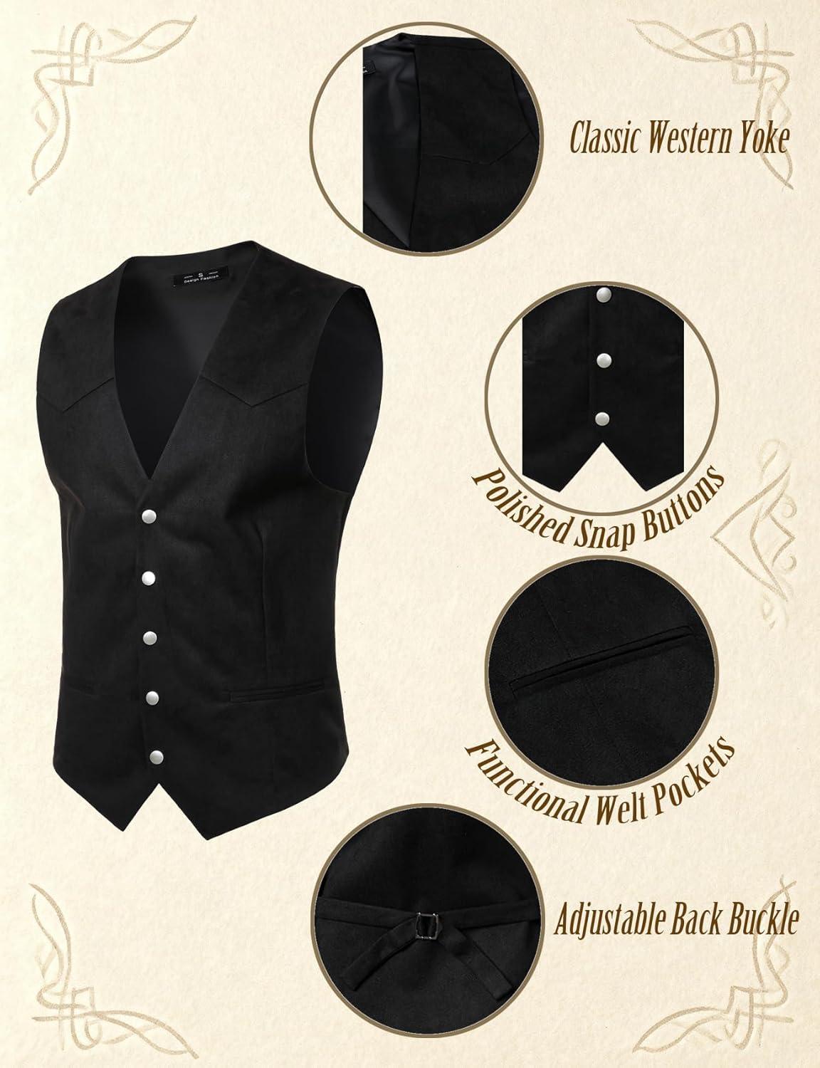 imageJEMITOP Mens Retro Western Cowboy Vest Faux Suede Leather Snap Waistcoat Slim Fit Casual Wedding Vests with PocketsBlack