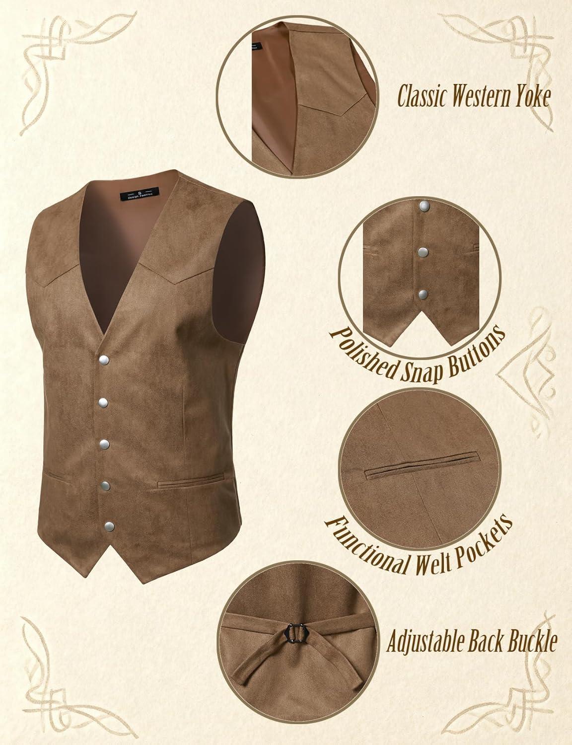imageJEMITOP Mens Retro Western Cowboy Vest Faux Suede Leather Snap Waistcoat Slim Fit Casual Wedding Vests with PocketsBrown