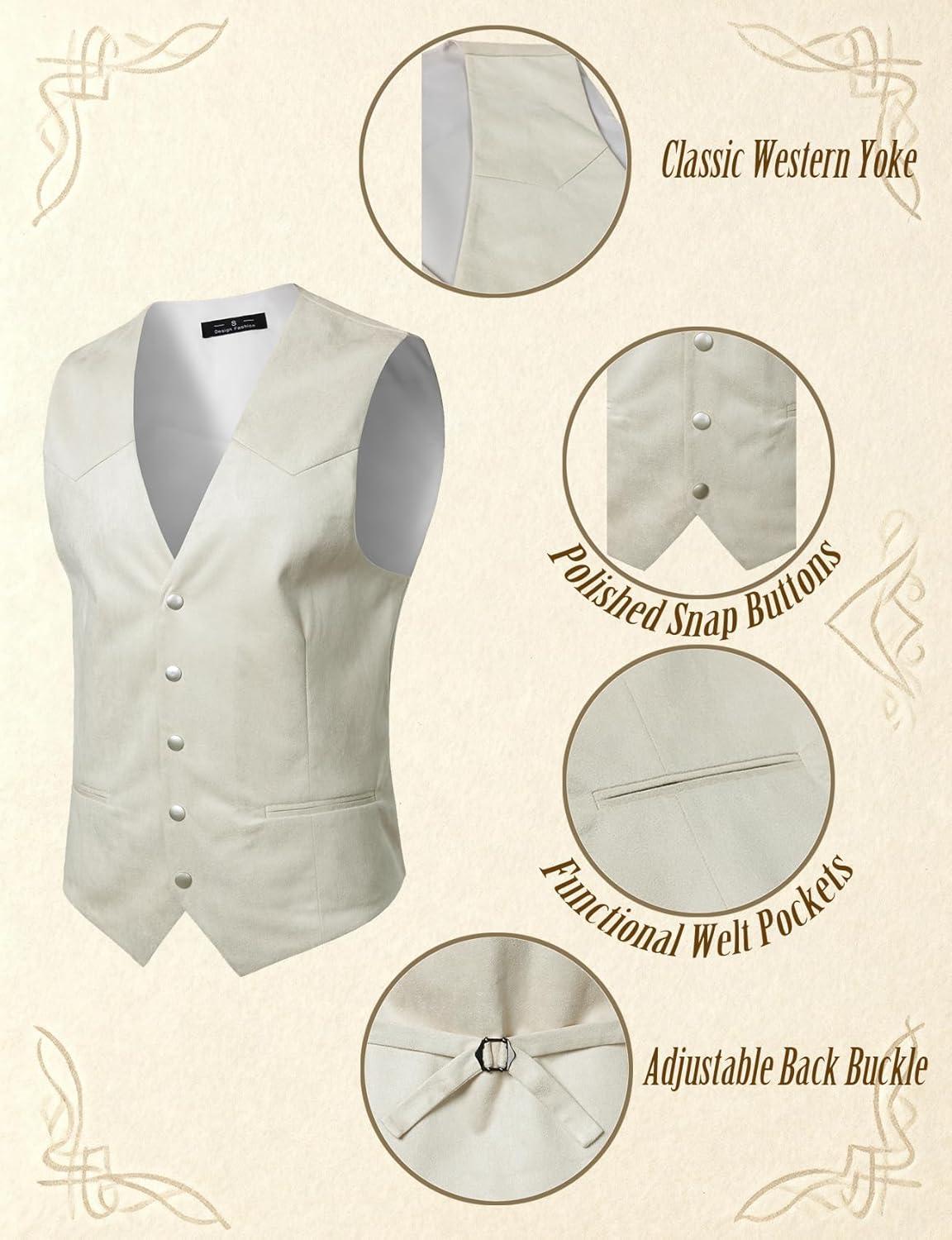 imageJEMITOP Mens Retro Western Cowboy Vest Faux Suede Leather Snap Waistcoat Slim Fit Casual Wedding Vests with PocketsCream White