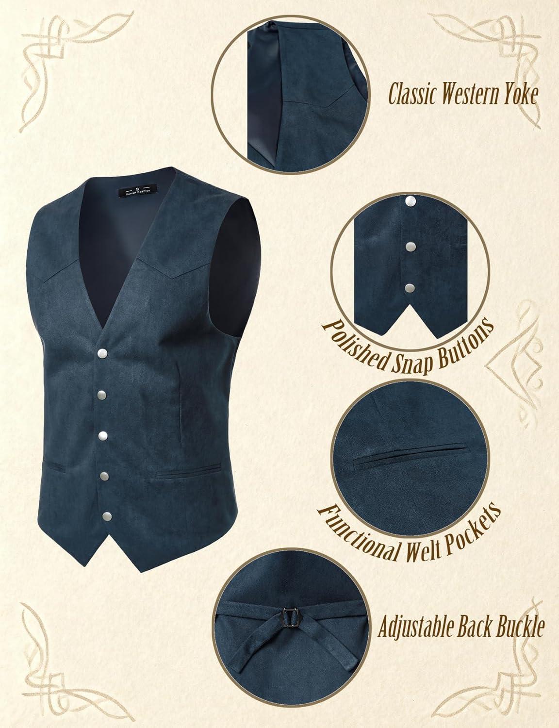 imageJEMITOP Mens Retro Western Cowboy Vest Faux Suede Leather Snap Waistcoat Slim Fit Casual Wedding Vests with PocketsNavy Blue
