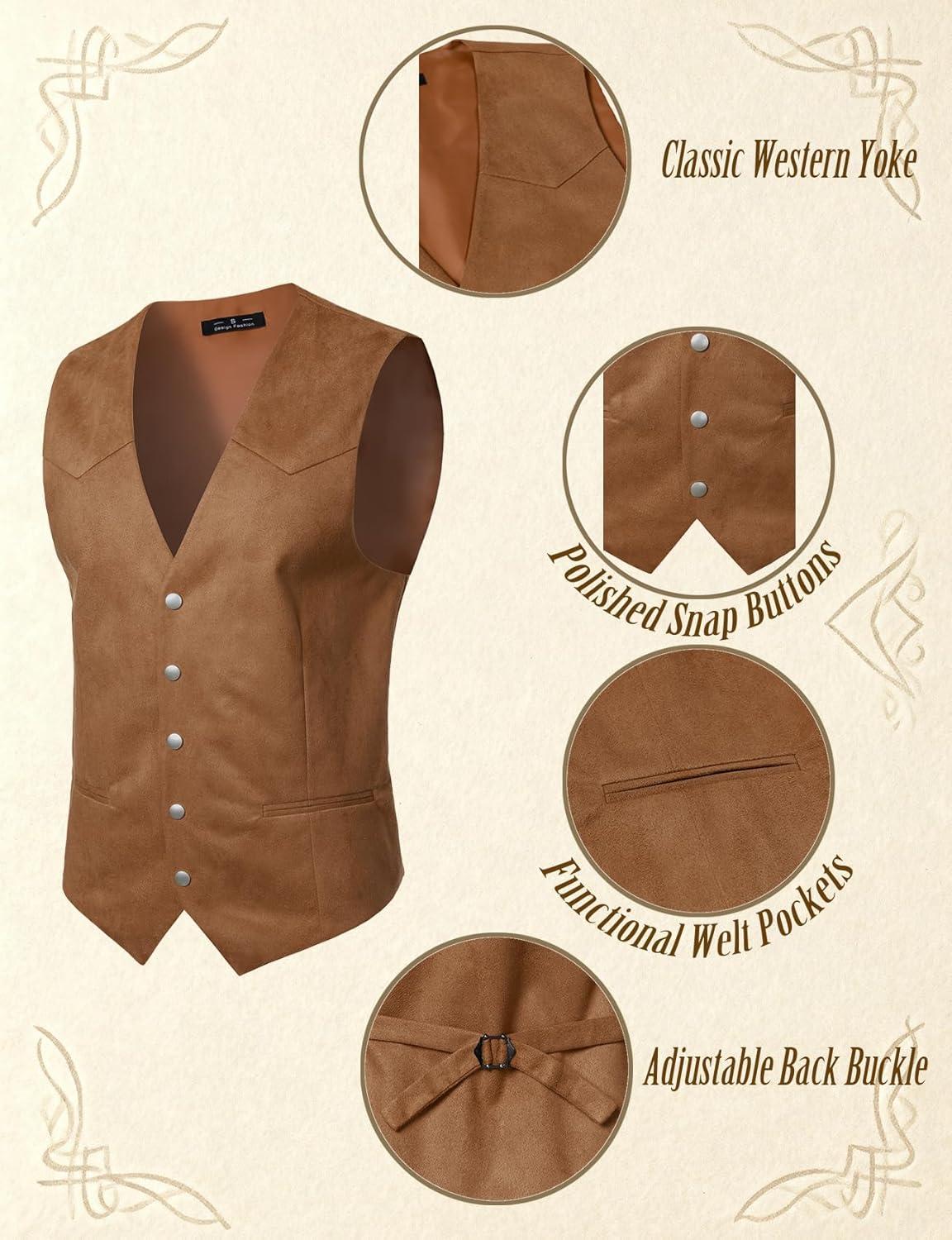 imageJEMITOP Mens Retro Western Cowboy Vest Faux Suede Leather Snap Waistcoat Slim Fit Casual Wedding Vests with PocketsRust Brown