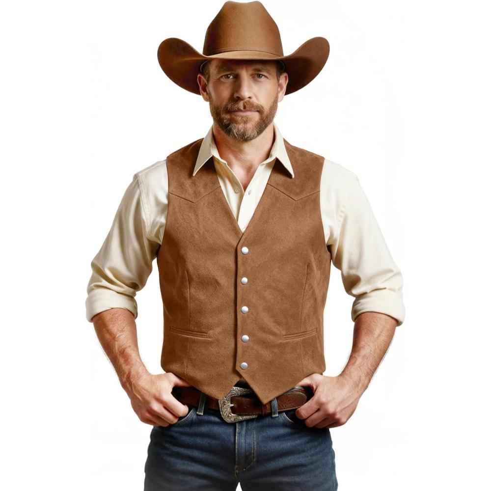imageJEMITOP Mens Retro Western Cowboy Vest Faux Suede Leather Snap Waistcoat Slim Fit Casual Wedding Vests with PocketsRust Brown