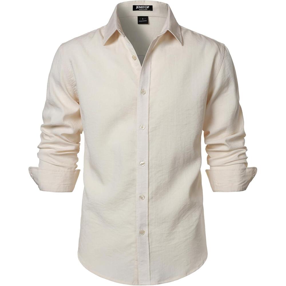 imageJEMITOP Mens Stretch LinenLike Long Sleeve Button Down Shirts Casual Beach Wedding Dress ShirtBeige