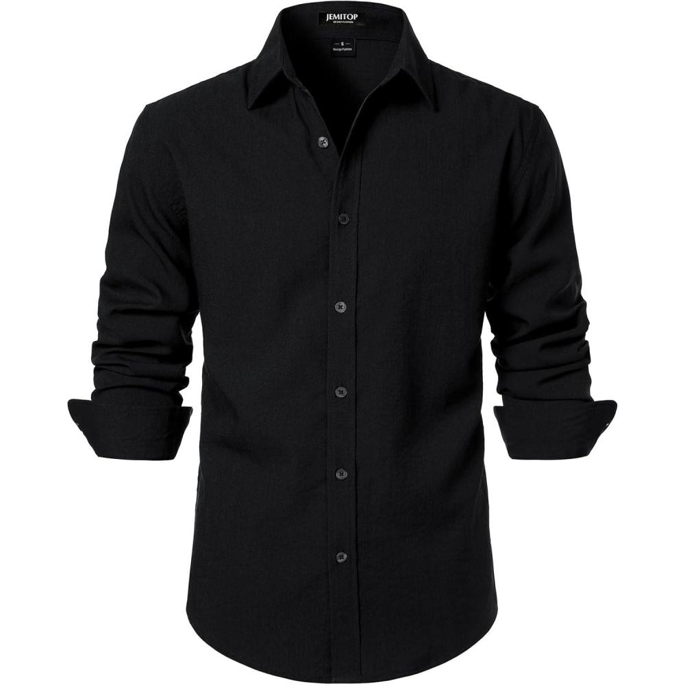 imageJEMITOP Mens Stretch LinenLike Long Sleeve Button Down Shirts Casual Beach Wedding Dress ShirtBlack