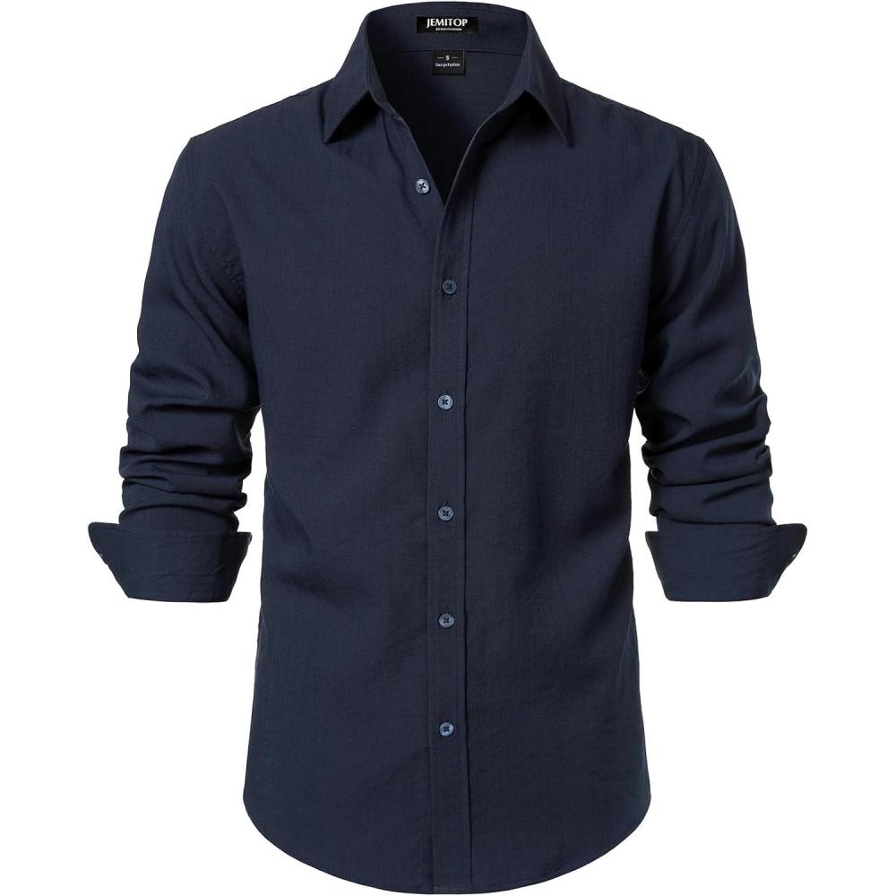 imageJEMITOP Mens Stretch LinenLike Long Sleeve Button Down Shirts Casual Beach Wedding Dress ShirtNavy Blue