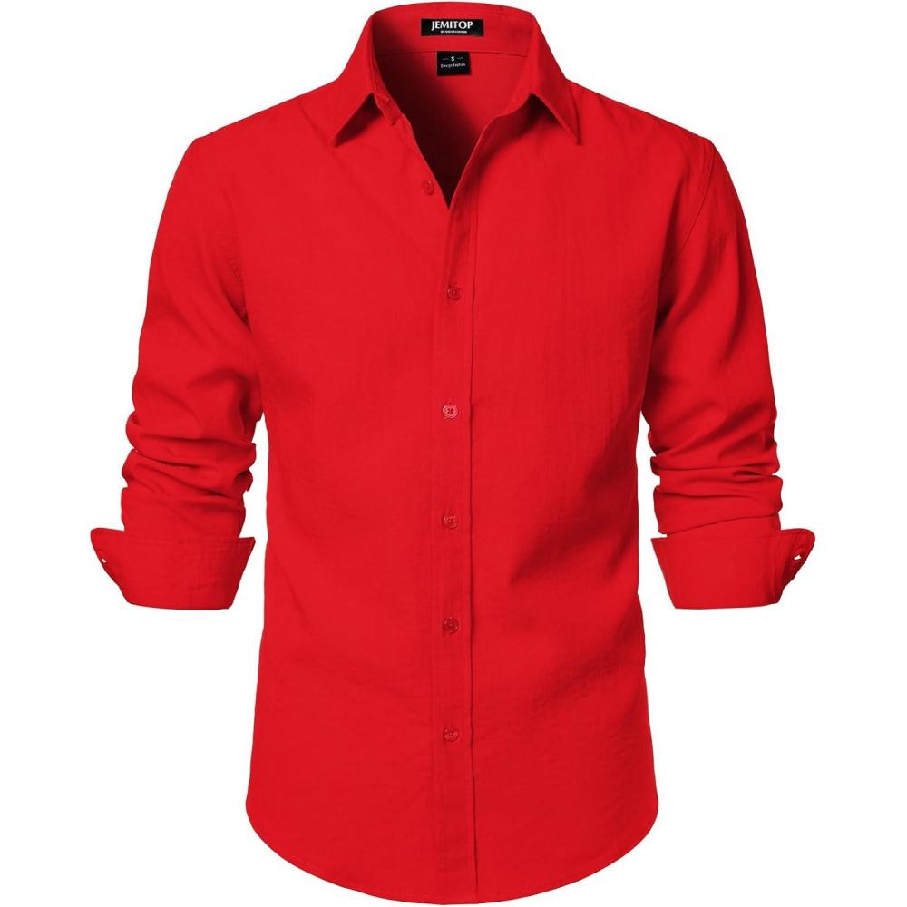 imageJEMITOP Mens Stretch LinenLike Long Sleeve Button Down Shirts Casual Beach Wedding Dress ShirtRed