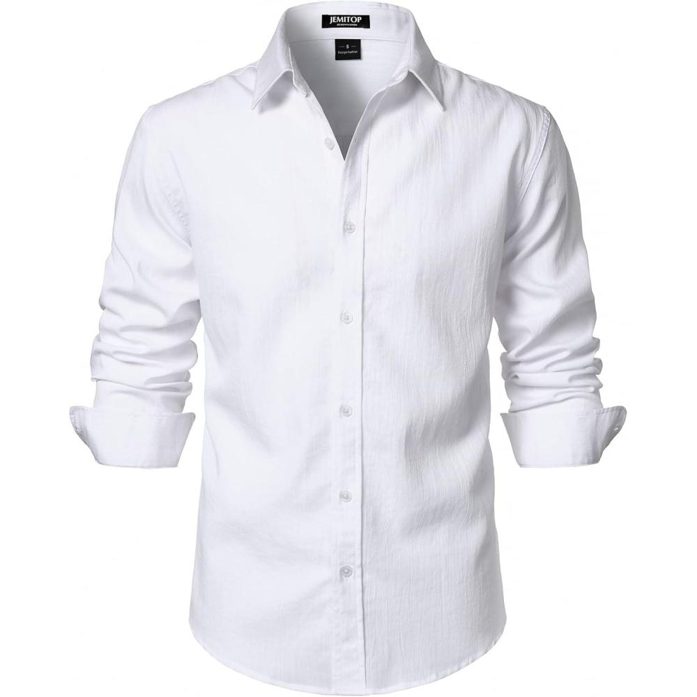imageJEMITOP Mens Stretch LinenLike Long Sleeve Button Down Shirts Casual Beach Wedding Dress ShirtWhite