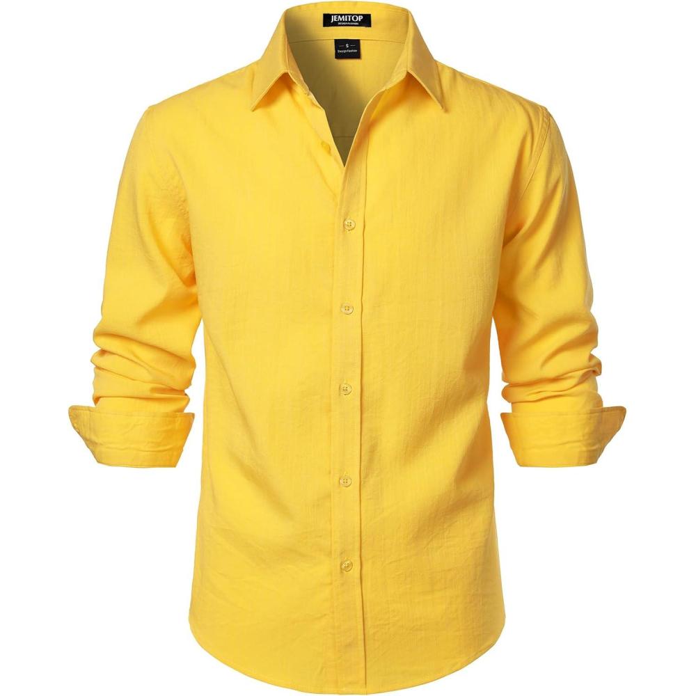 imageJEMITOP Mens Stretch LinenLike Long Sleeve Button Down Shirts Casual Beach Wedding Dress ShirtYellow