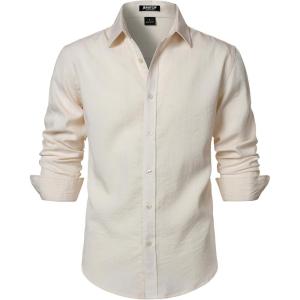 JEMITOP Men’s Stretch Linen-Like Long Sleeve Button Down Shirts Casual Beach Wedding Dress Shirt(Beige)