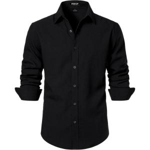 JEMITOP Men’s Stretch Linen-Like Long Sleeve Button Down Shirts Casual Beach Wedding Dress Shirt(Black)