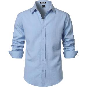 JEMITOP Men’s Stretch Linen-Like Long Sleeve Button Down Shirts Casual Beach Wedding Dress Shirt(Light Blue)
