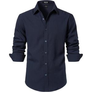 JEMITOP Men’s Stretch Linen-Like Long Sleeve Button Down Shirts Casual Beach Wedding Dress Shirt(Navy Blue)