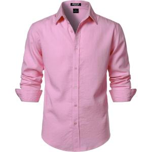 JEMITOP Men’s Stretch Linen-Like Long Sleeve Button Down Shirts Casual Beach Wedding Dress Shirt(Pink)