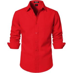 JEMITOP Men’s Stretch Linen-Like Long Sleeve Button Down Shirts Casual Beach Wedding Dress Shirt(Red)