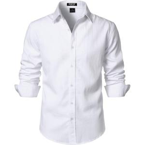JEMITOP Men’s Stretch Linen-Like Long Sleeve Button Down Shirts Casual Beach Wedding Dress Shirt(White)
