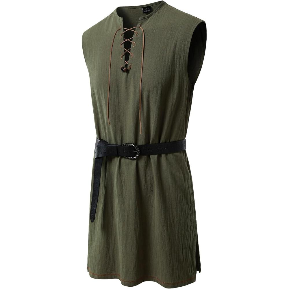 imageJEMITOP Mens Renaissance Pure Cotton Lace Up Tunic Costume Sleeveless Shirt Pirate Medieval Viking Vest Without BeltArmy Green
