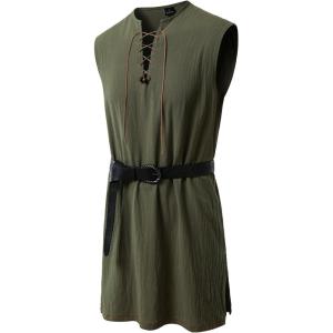 JEMITOP Men’s Renaissance Pure Cotton Lace Up Tunic Costume Sleeveless Shirt Pirate Medieval Viking Vest Without Belt(Army Green)