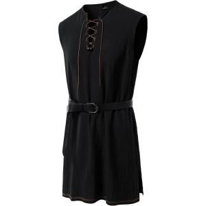 JEMITOP Men’s Renaissance Pure Cotton Lace Up Tunic Costume Sleeveless Shirt Pirate Medieval Viking Vest Without Belt(Black)
