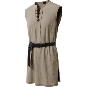 JEMITOP Men’s Renaissance Pure Cotton Lace Up Tunic Costume Sleeveless Shirt Pirate Medieval Viking Vest Without Belt(Khaki)